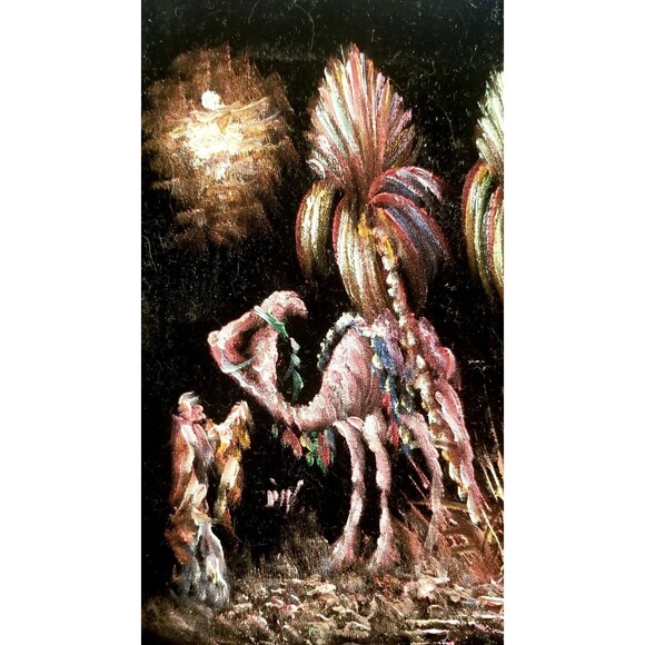 Pair Vintage Black Velvet Camel Paintings Kitsch Mid Century Artwork 8"x10" - Picture 5 of 5